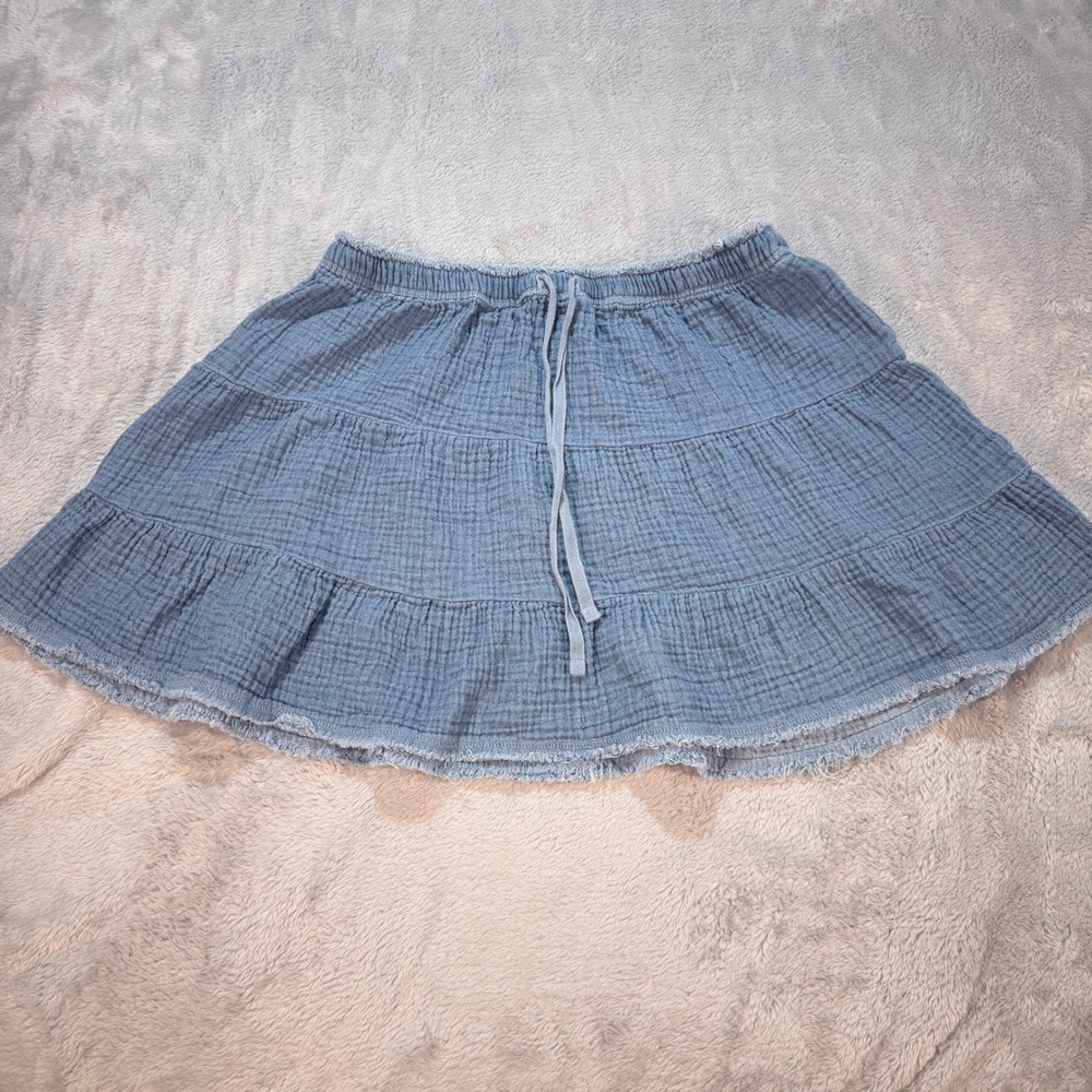 Aerie Tiered‎ Crinkle Gauze Mini Skirt Light Blue Drawstring Elastic Waist M